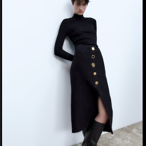Zara Dresses & Skirts - Zara black textured high-waisted midi pencil skirt with unique gold buttons. S